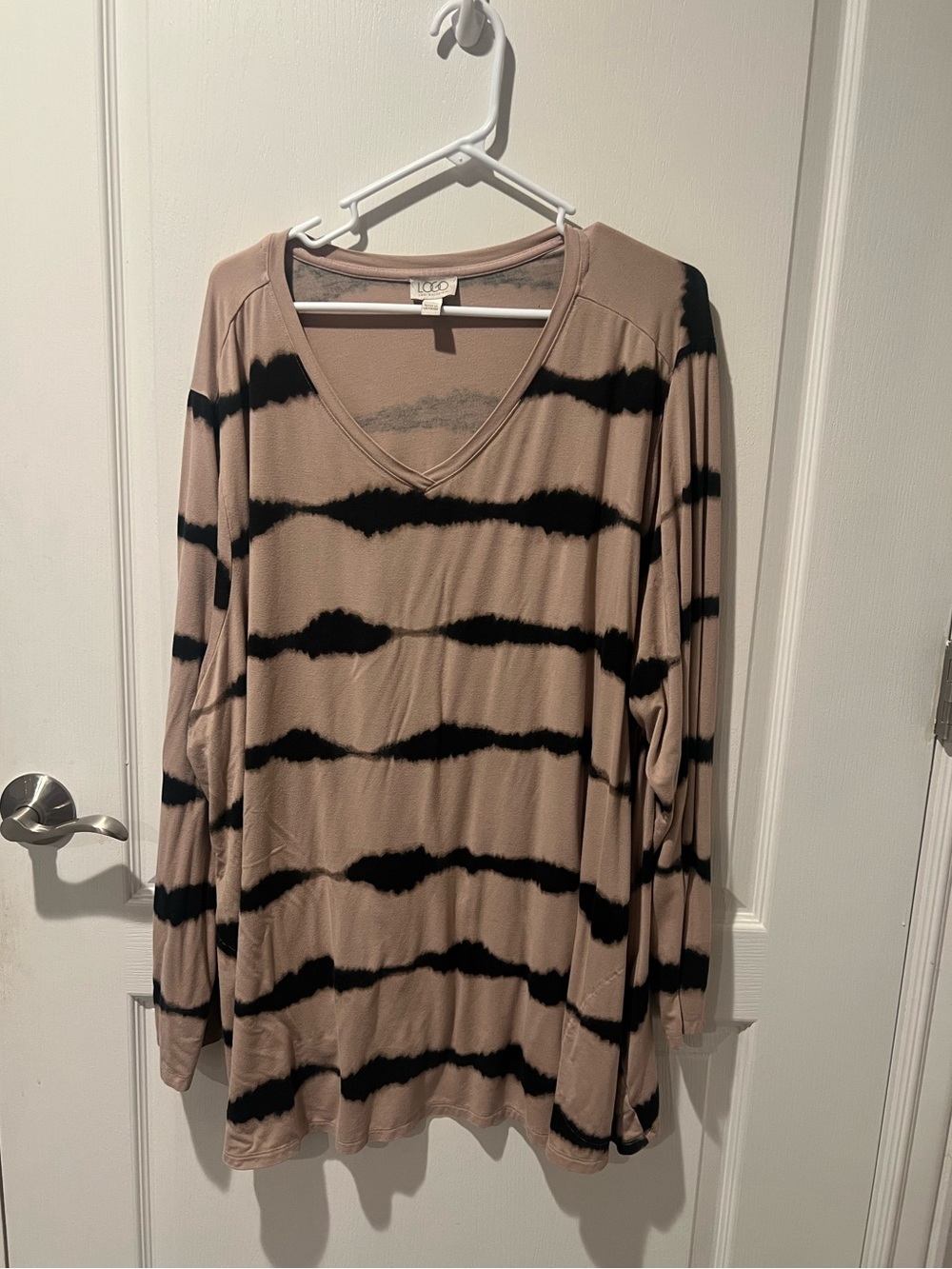 Logo Taupe & Black Tie-Dye Stripe V-Neck Long Sleeve Top